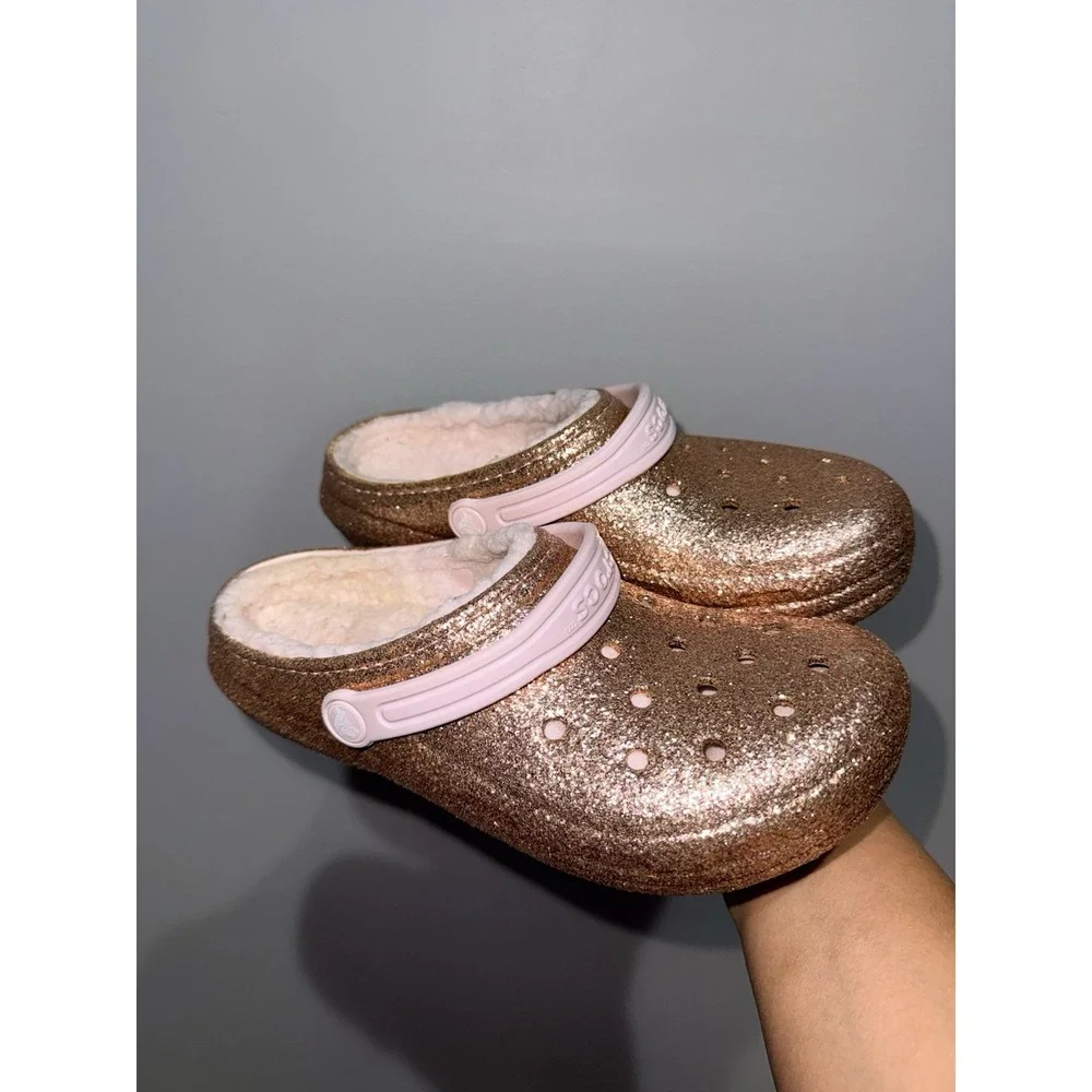 Crocs Classic Pink RoseGold Glitter Girl's J5 Faux Fur Lined Clogs Bling Flash R